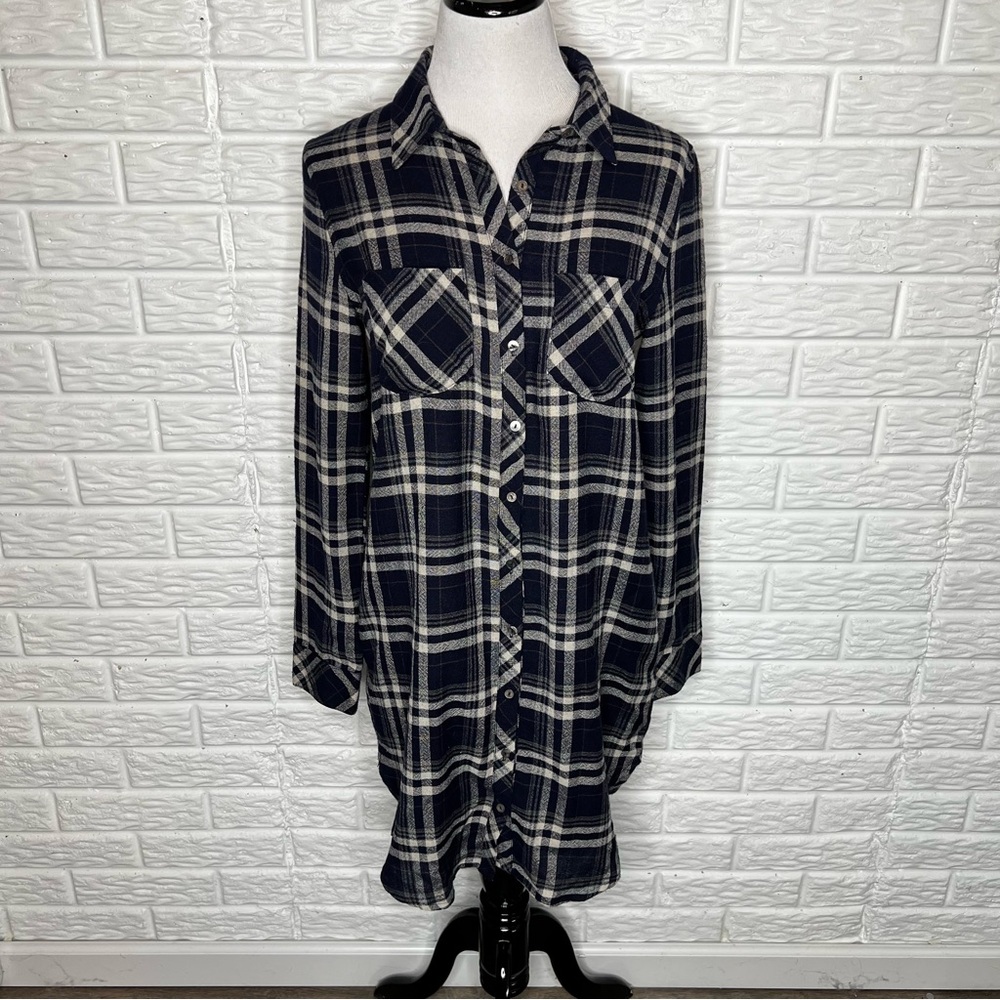 EVERLY Plaid Flannel Shirt Dress Navy Blue Size S